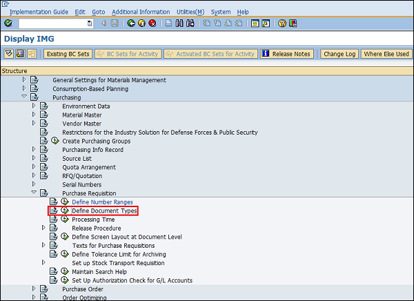 Тип документа конфигурации SAP pr