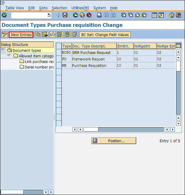 Тип документа конфигурации SAP для новой записи