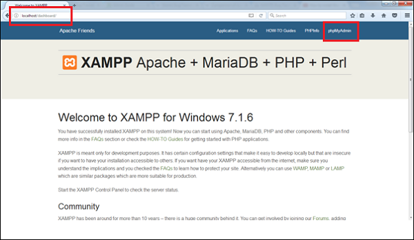 Панель приборов XAMPP