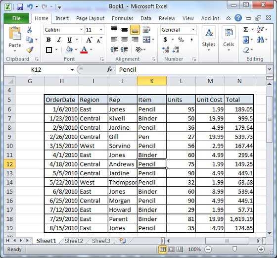 Пример текста в Excel