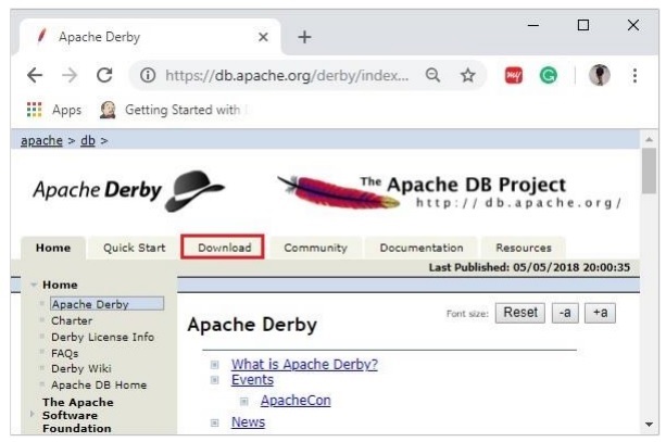 Домашняя страница Apache Derby