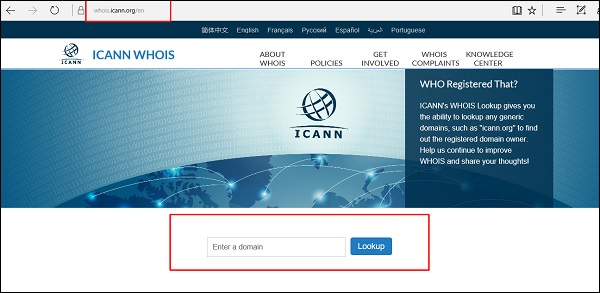 Whois-страница ICANN