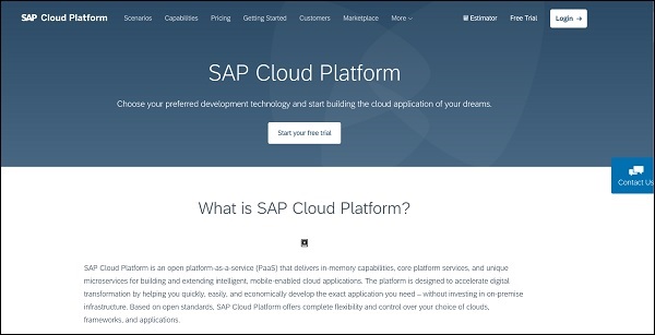 Веб-страница платформы SAP Cloud