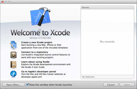 Страница приветствия XCode