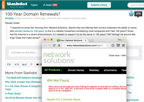 Slashdot 100-летнее продление домена от сетевых решений