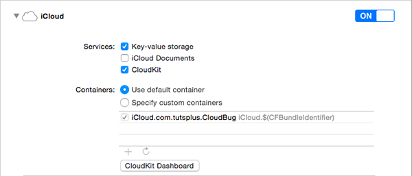 Включение CloudKit для цели CloudBug