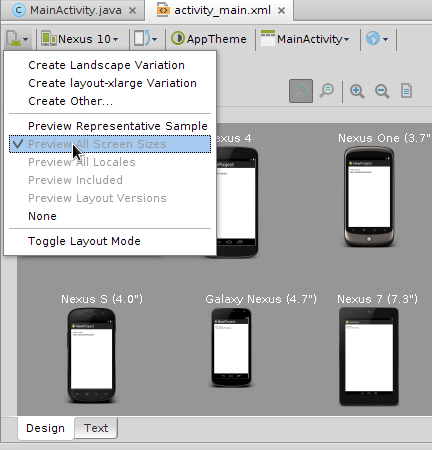 Android Studio Предварительный просмотр размеров экрана