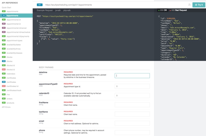 Acuity Scheduling Developer Platform - Справочное руководство по API