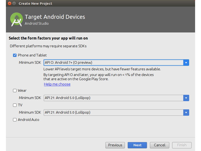 Target android devices dialog