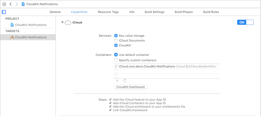 Включение iCloud и CloudKit