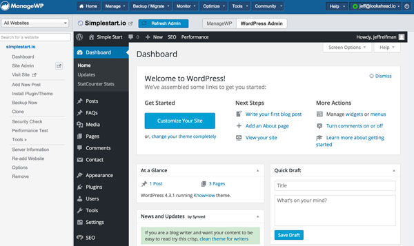 ManageWP использовать WP Dashboard на месте