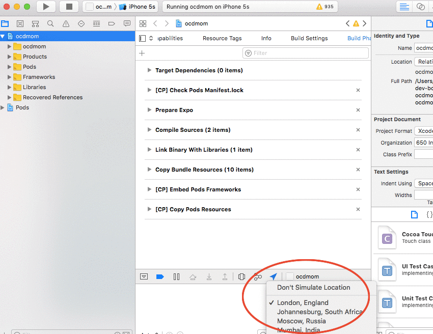 Симуляция местоположения Xcode