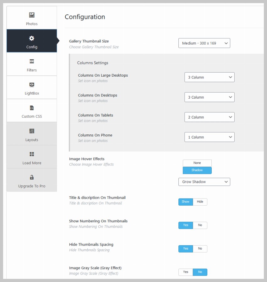 Portfolio Gallery Configuration Options