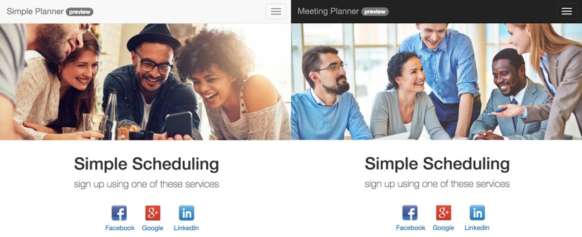 Создание вашего стартапа - бок о бок смотрит на домашнюю страницу Simple Planner vs Meeting Planner