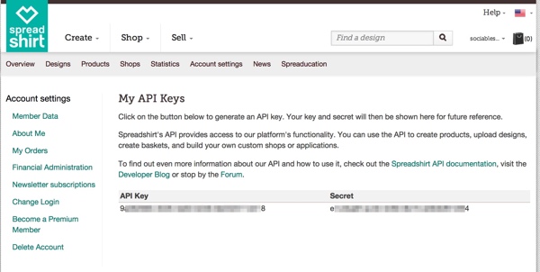 Получите ваши ключи API - Spreadshirt
