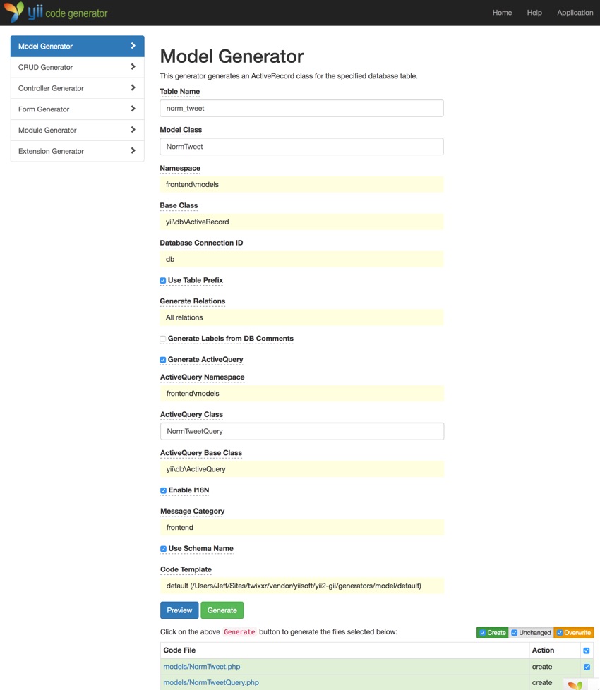 Повторяя API Twitter - Yiis Gii Scaffolding Model Generator