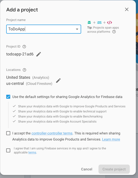Создайте проект в Firebase и назовите его ToDoApp