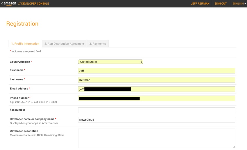 Amazon Appstore - регистрационные формы консоли разработчика Amazon