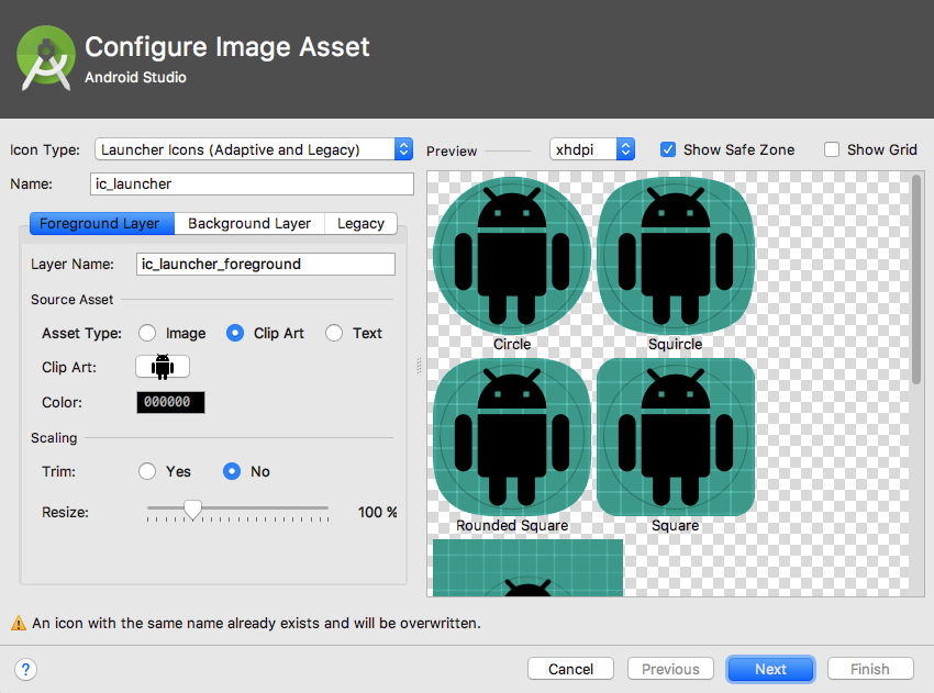 Окно Android Studios Image Asset проведет вас через процесс создания адаптивного значка