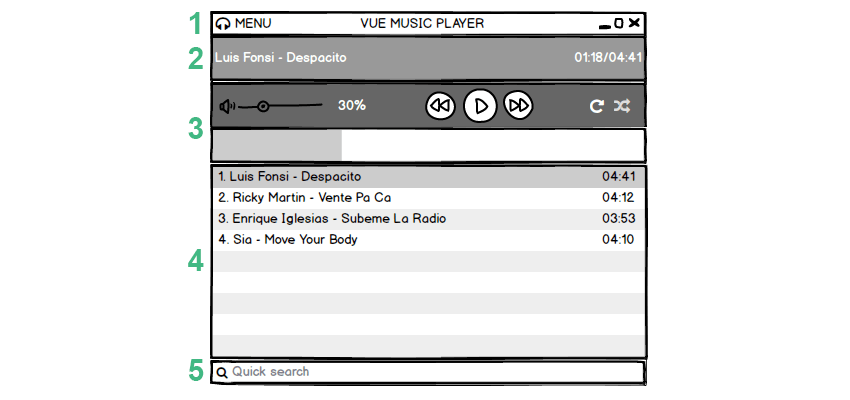 Vue музыкальный плеер каркасный набросок