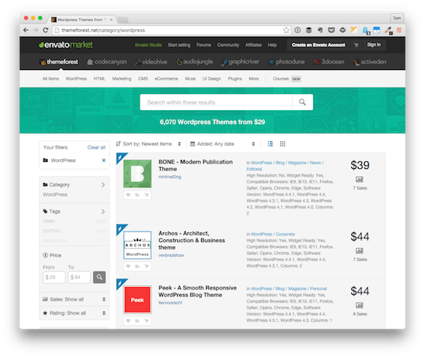Themeforest для тем WordPress на рынке Envato