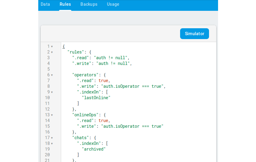 Изменить правила безопасности для живого чата в Firebase