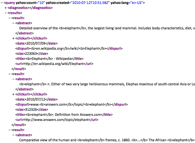 XML вернул YQL о поиске слонов с помощью Yahoo Search