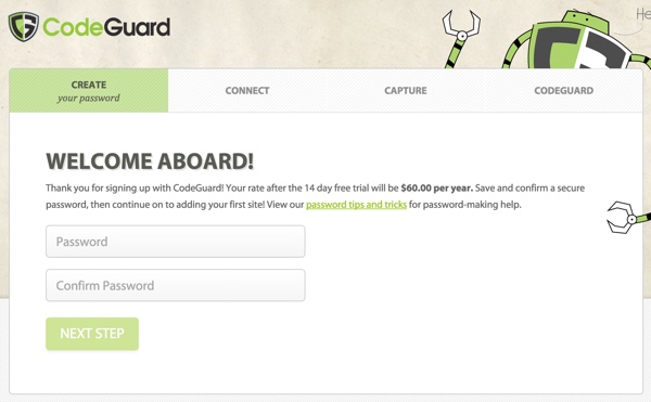 CodeGuard Зарегистрироваться Установить пароль