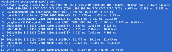 Трассировка на сервер имен Google IPv6