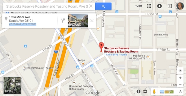 Starbucks Roastery в Сиэтле GPS в Google Maps
