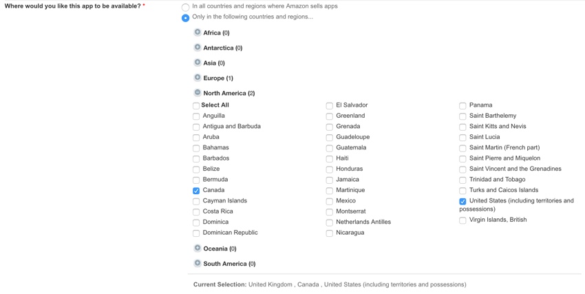 Amazon Appstore - Выберите страны распространения