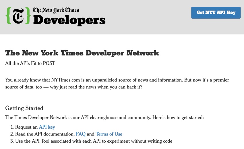 New York Times API - Главная страница галереи API