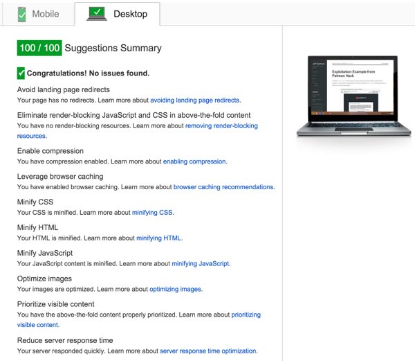 Desktop PageSpeed ​​счет 100