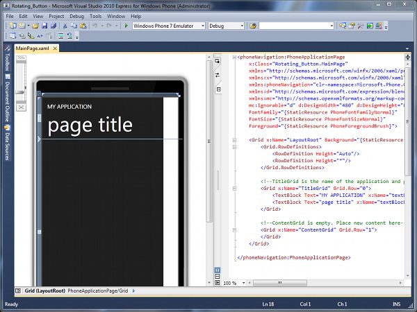 Файл MainPagexaml открывается в режиме DesignCode Windows Phone 7 Development