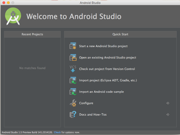 Экран приветствия Android Studio