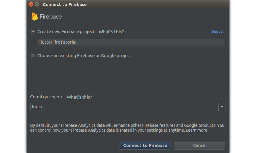 Диалог подключения к Firebase