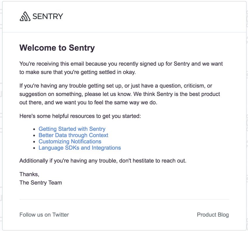 Регистрация стартапов - Добро пожаловать в Sentry Email