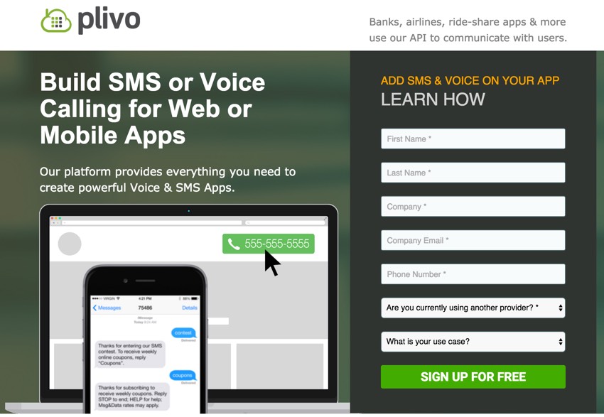 Создание стартапов Текст и SMS - Plivo Home Page