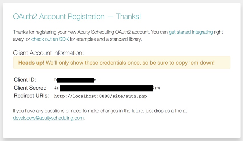 API разработчика Acuity Scheduling - регистрация OAuth2 завершена