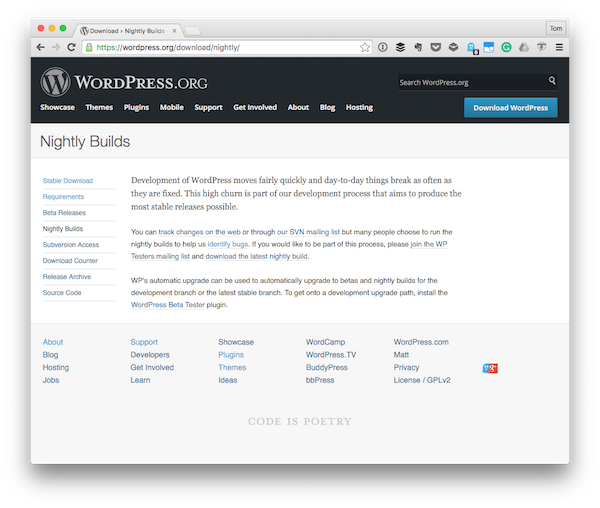 Страница Nightly Builds для проекта WordPress