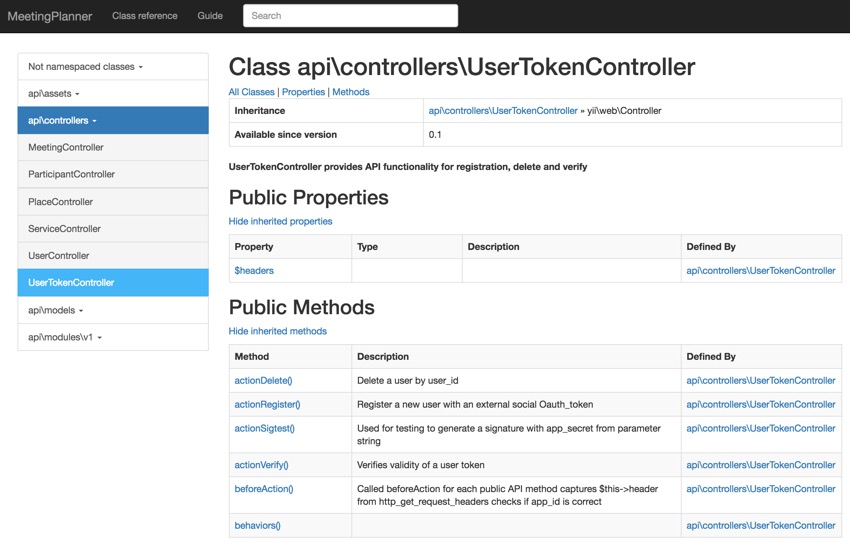 Программирование на Yii Создание документации - Пример UserTokenController