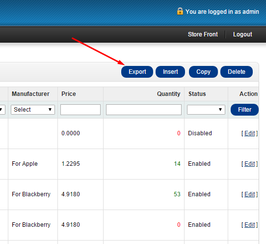 Кнопка «Экспортировать» в панели администратора магазина OpenCart