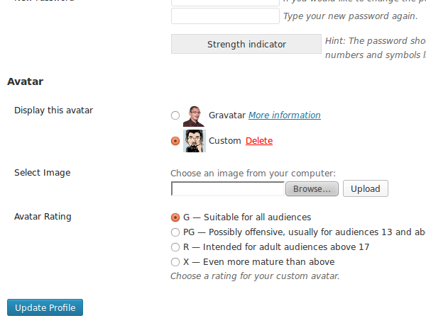 Параметры подключаемого модуля Менеджер аватаров на экране «Ваш профиль пользователя»