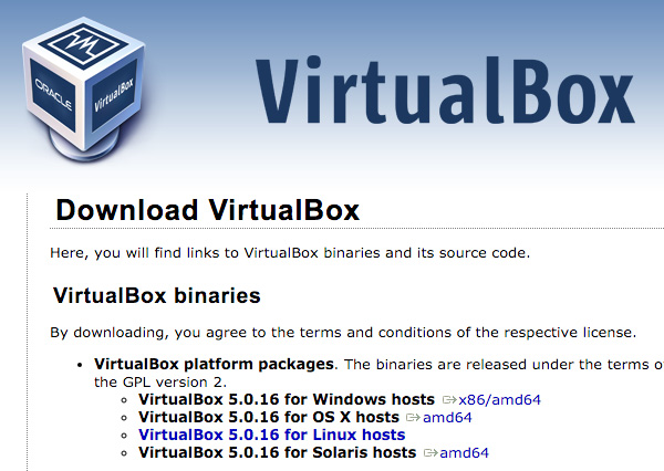 Страница загрузки VirtualBox