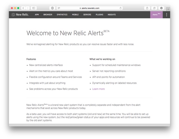 Добро пожаловать на экран New Relic Alerts