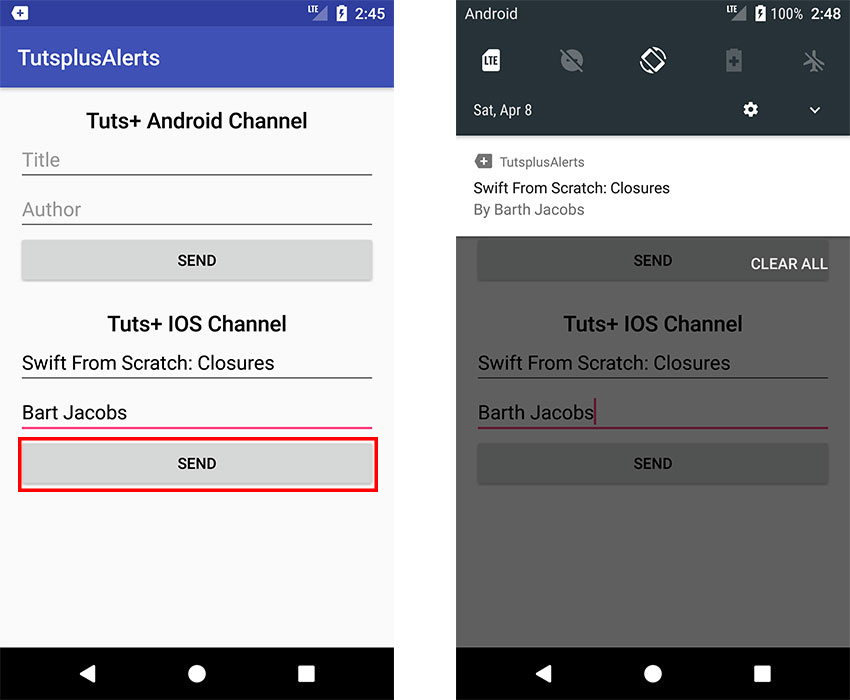 Android app emulator send button click shows notification in drawer
