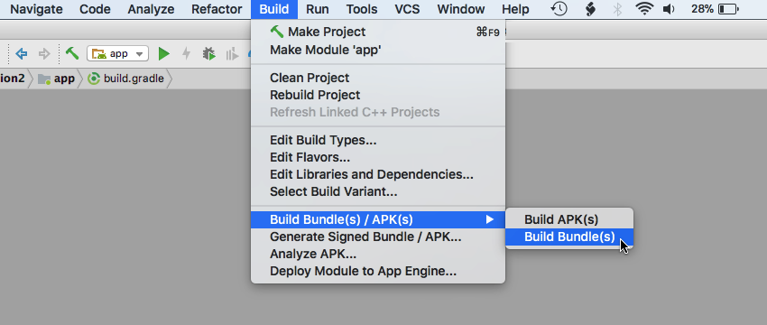 Выберите Build Build Bundles APKs Build Bundles на панели инструментов Android Studio