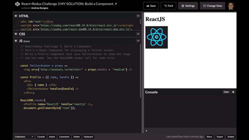 CodePen solution showing ReactJS and its Twitter avatar