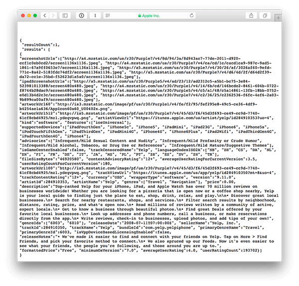 Снимок экрана ответа iTunes API