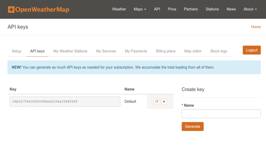OpenWeatherMap генерирует ключи API